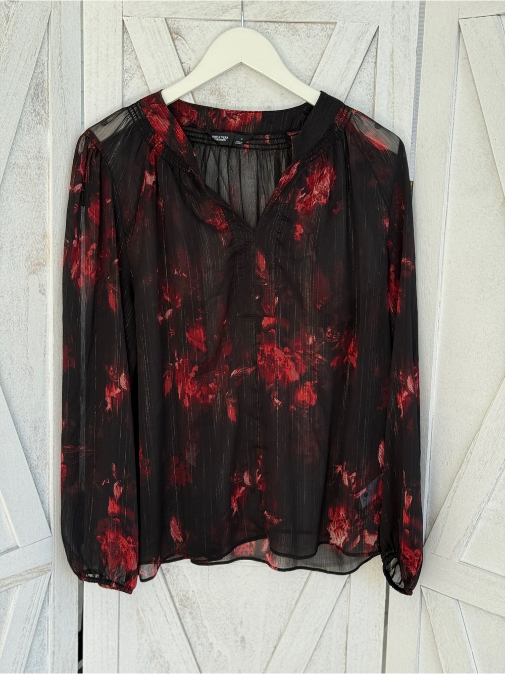 Simply Vera Vera Wang Black Sheer Blouse with Red Floral Print